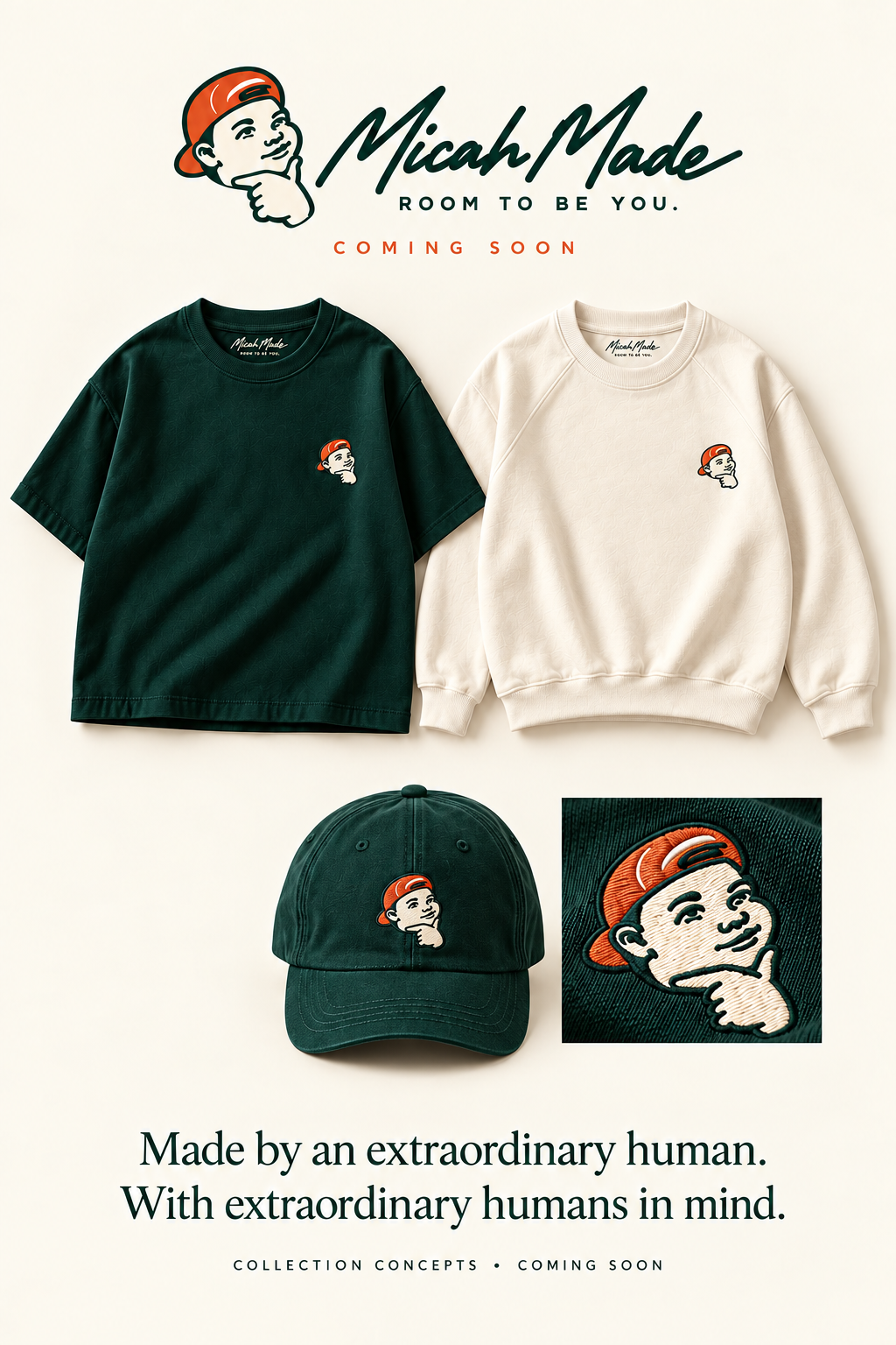 Micah Made collection concepts — forest-green oversized tee, bone crewneck, and forest-green cap with embroidered logo detail