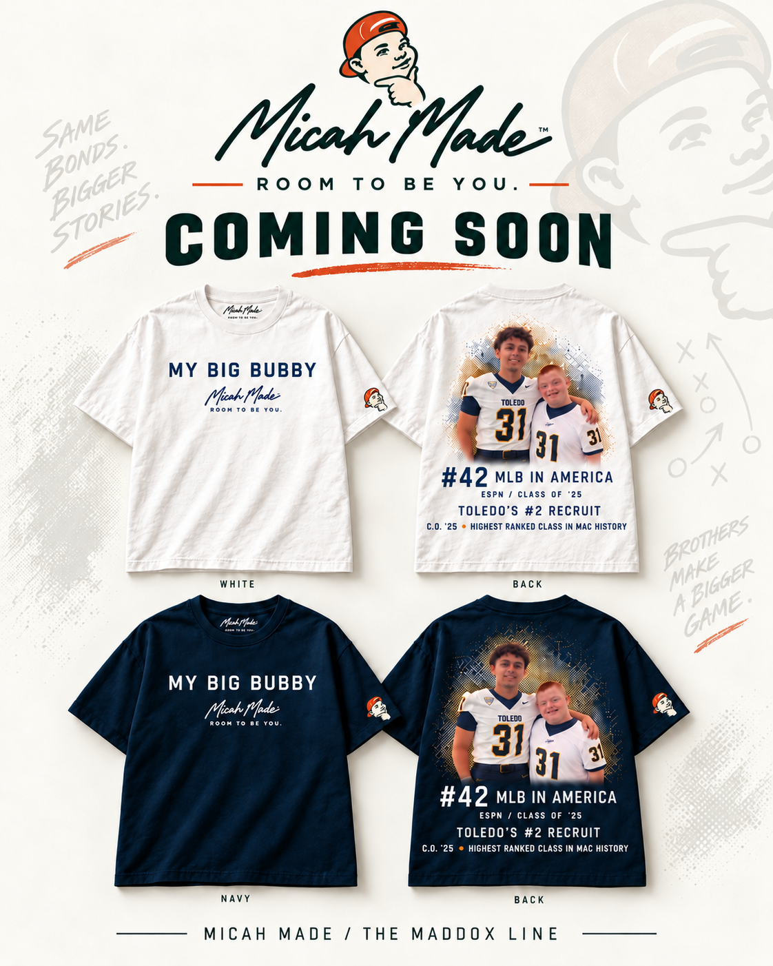 White and Navy colorways — My Big Bubby shirt mockup showing both shirt colors and both sides