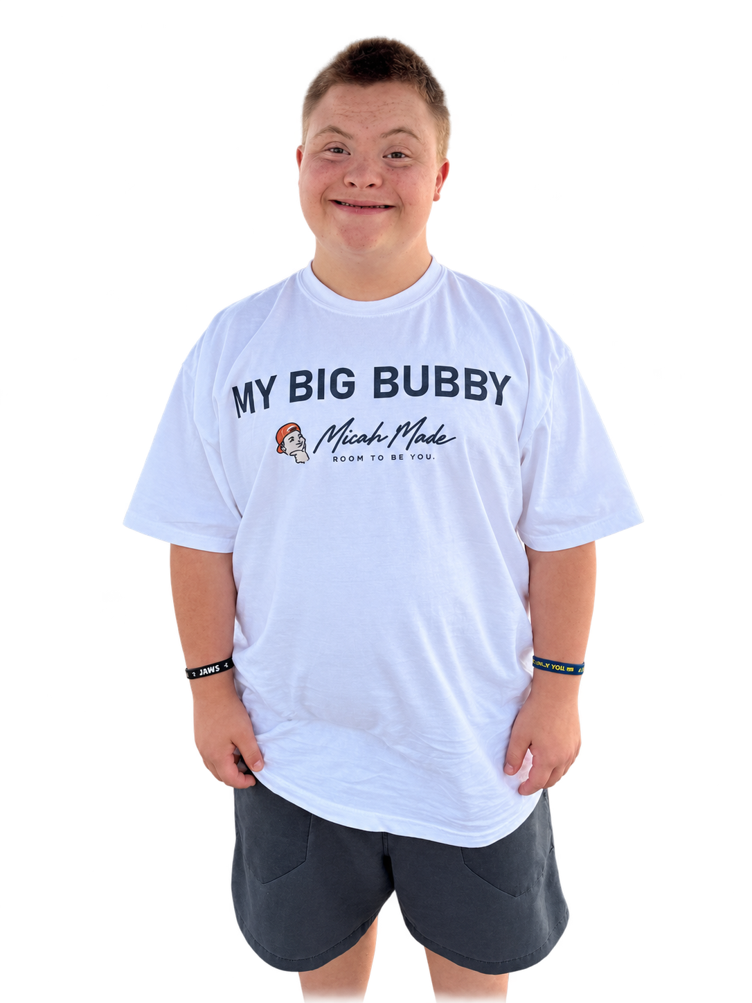 Front — Micah facing forward wearing the My Big Bubby white shirt, full front design visible